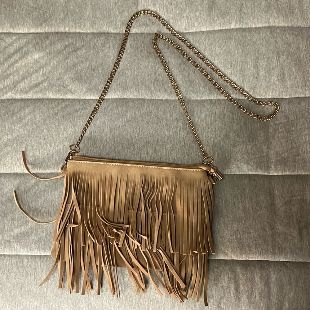 Tan fringe side purse